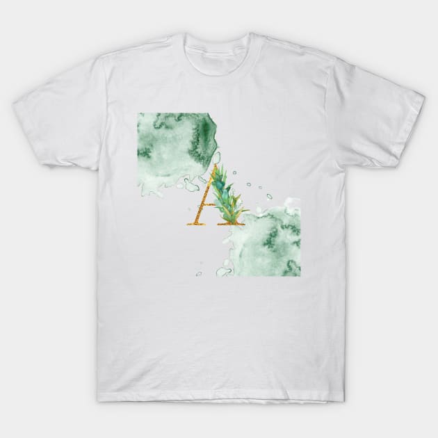 Letter A Gold Monogram with Leaves Green Watercolor Slats Graphic Design T-Shirt by AdrianaHolmesArt